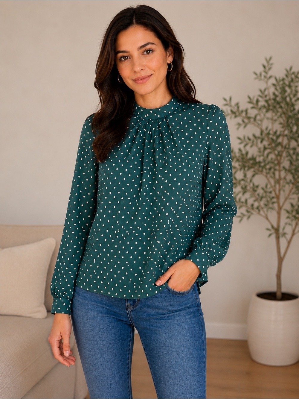 Amour Vert Teal Polka Dot Mock Neck Blouse